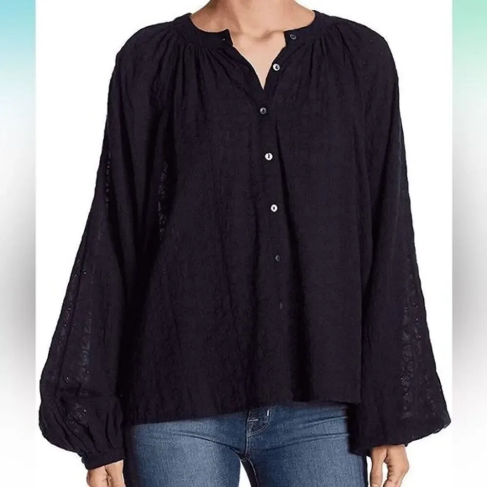 Free People Floral Embroidered Eyelet Oversized Blouse, Navy Blue